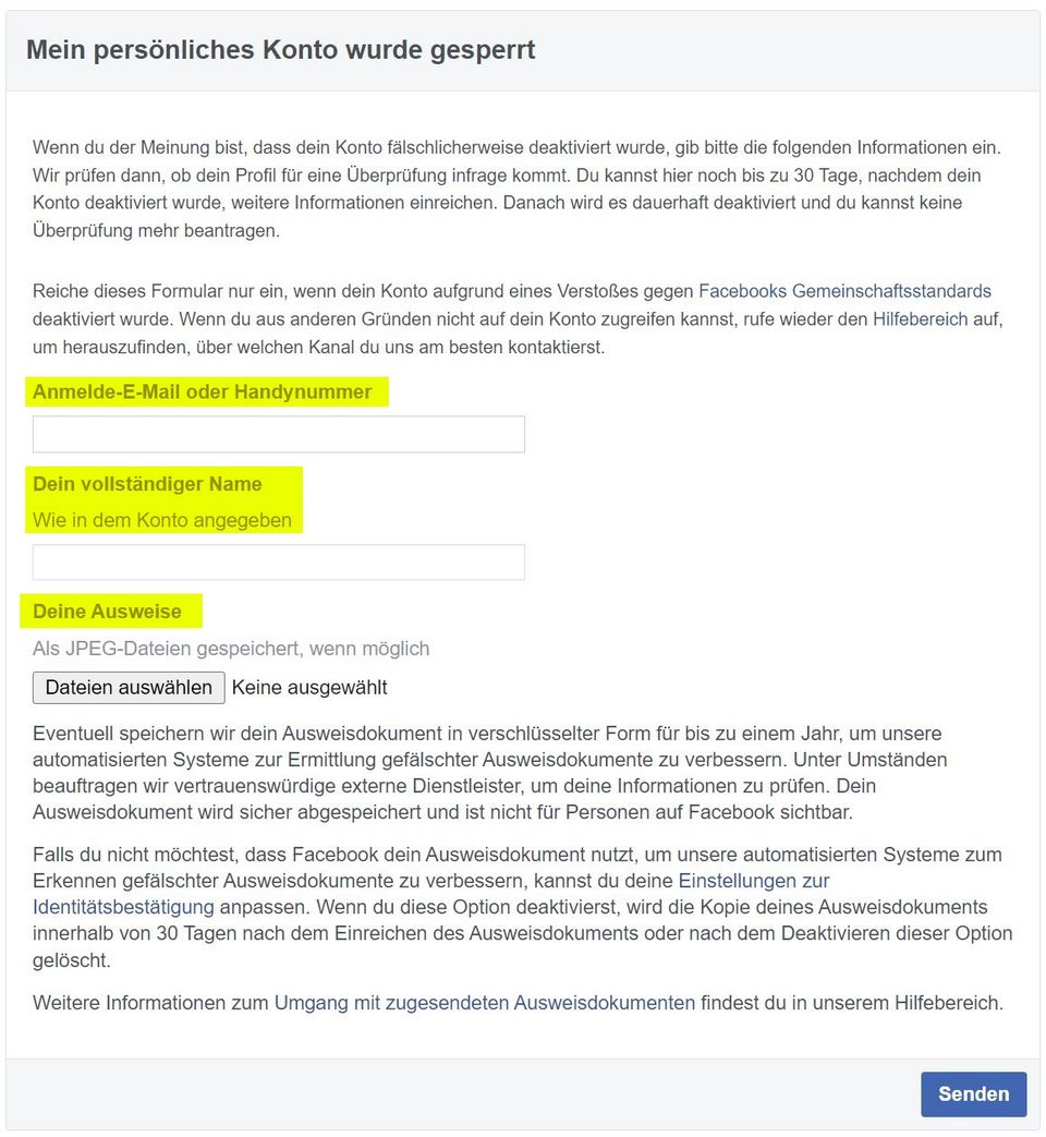 Screenshot Facebook Beschwerdeformular