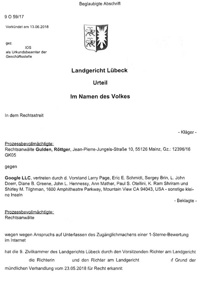 LG Lübeck, 9 O 59/17, Urteil vom 13.06.2018 - Kanzlei gulden röttger rechtsanwälte vs. Google.