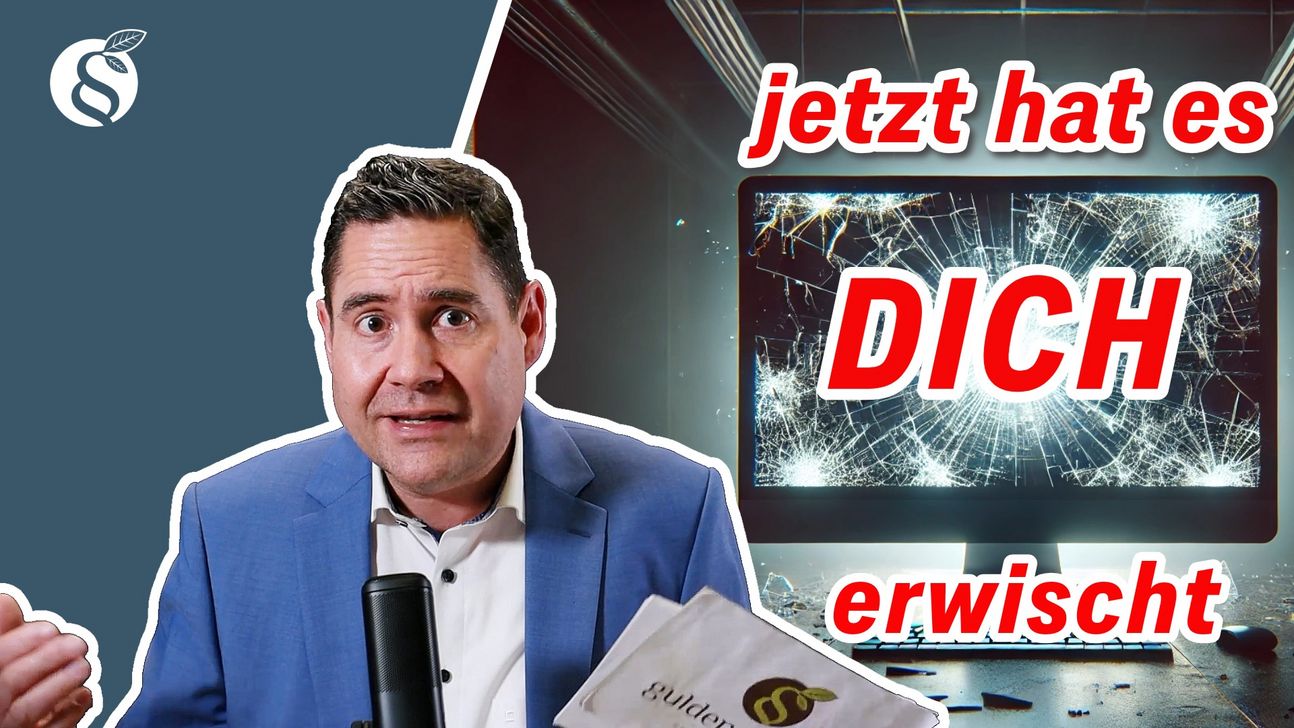 Bild mit einem Anwalt vor einem defekten Monitor. Der Text "Jetzt hat es dich erwischt" ist als Overlay darüber gelegt.