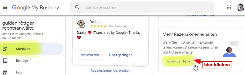 Screenshot Startseite von Google My Business Dashboard. "Mehr Rezensionen erhalten"