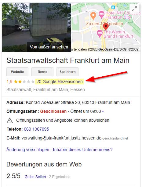 Screenshot Google Knowledge Graph Staatsanwaltschaft Frankfurt am Main